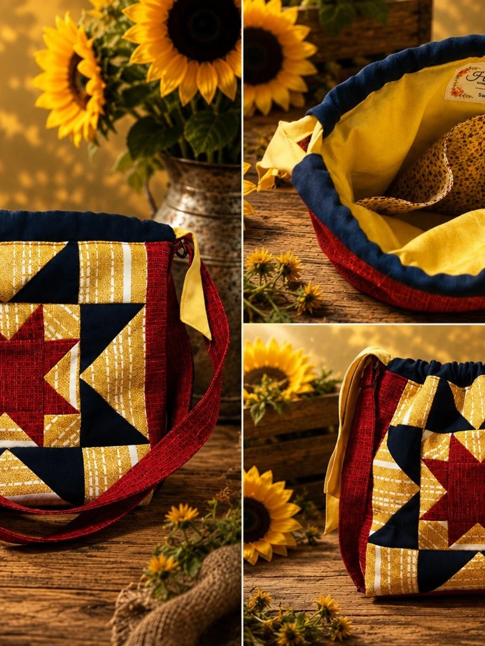 Quilted Star Patchwork Crossbody Bag - Red, Navy & Mustard